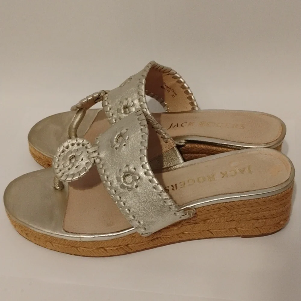 Jack Rogers Sandals Heels Wedge Thong Leather Jute Espadrille Medallion Gold 6 - Picture 12 of 12